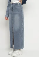 Spódnice - Niebieska Ołówkowa Spódnica Jeansowa z Rozcięciem z Przodu Limirea - miniaturka - grafika 1