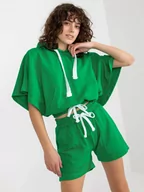 Komplety damskie - Komplet letni zielony casual sportowy bluza i szorty kaptur rękaw krótki nogawka prosta długość krótka troczki kieszenie - miniaturka - grafika 1