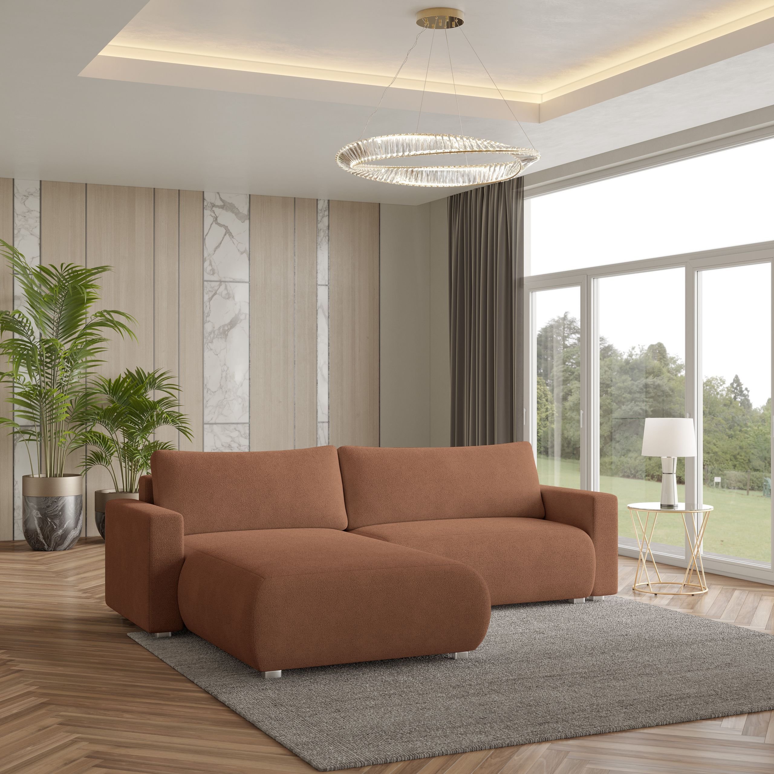 Masseno Narożnik TURIN N z funkcją spania i pojemnikiem na pościel Kształt L, Rozkładana sofa, Rogówka - Ceglasty, NOW OR NEVER 54