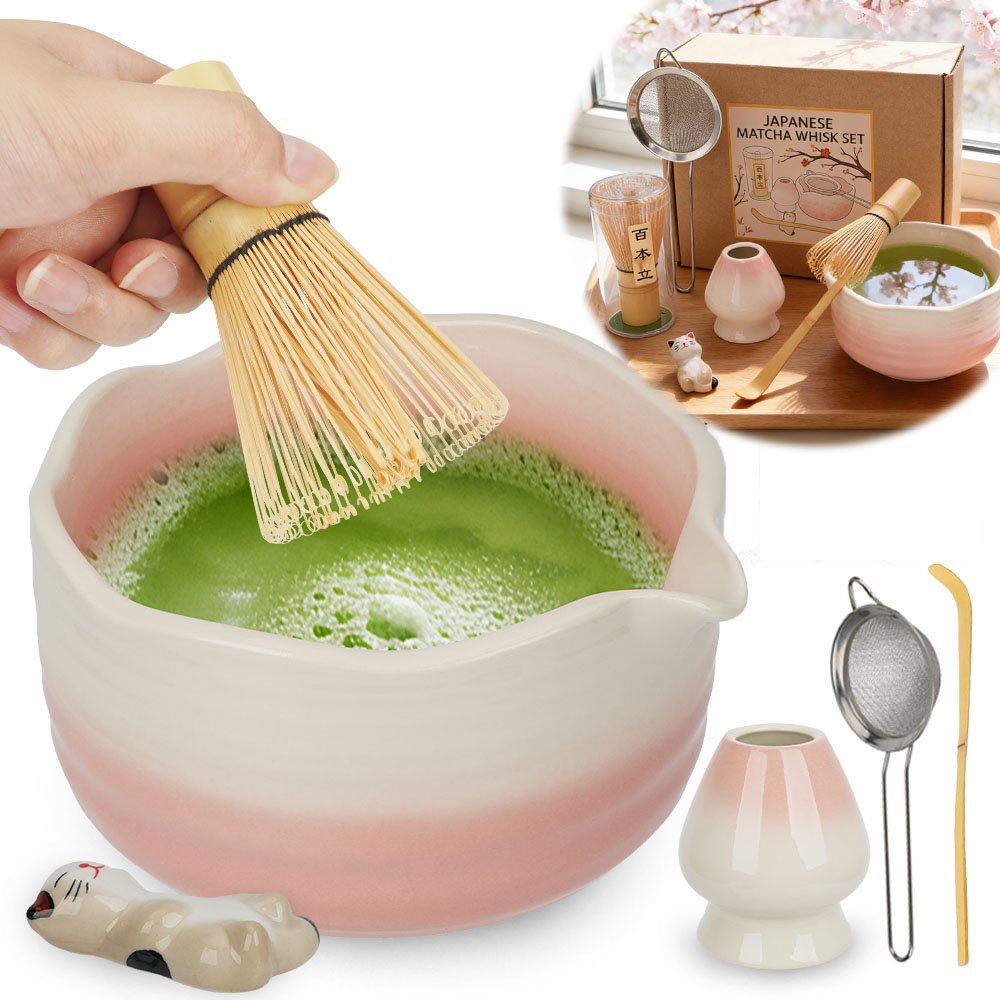 Różowy Zestaw Do Matchy 6 Części Z Kotem Stojakiem Na Miotełkę I Łyżeczkę