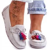 Mokasyny damskie - Mokasyny Klasyczne Stylowe Modne Wsuwane Zamszowe Z Kokardą Damskie Skórzane Z Ozdobą Wygodne Miękkie Lekkie Eleganckie Z Frędzlami Szare 36 - miniaturka - grafika 1