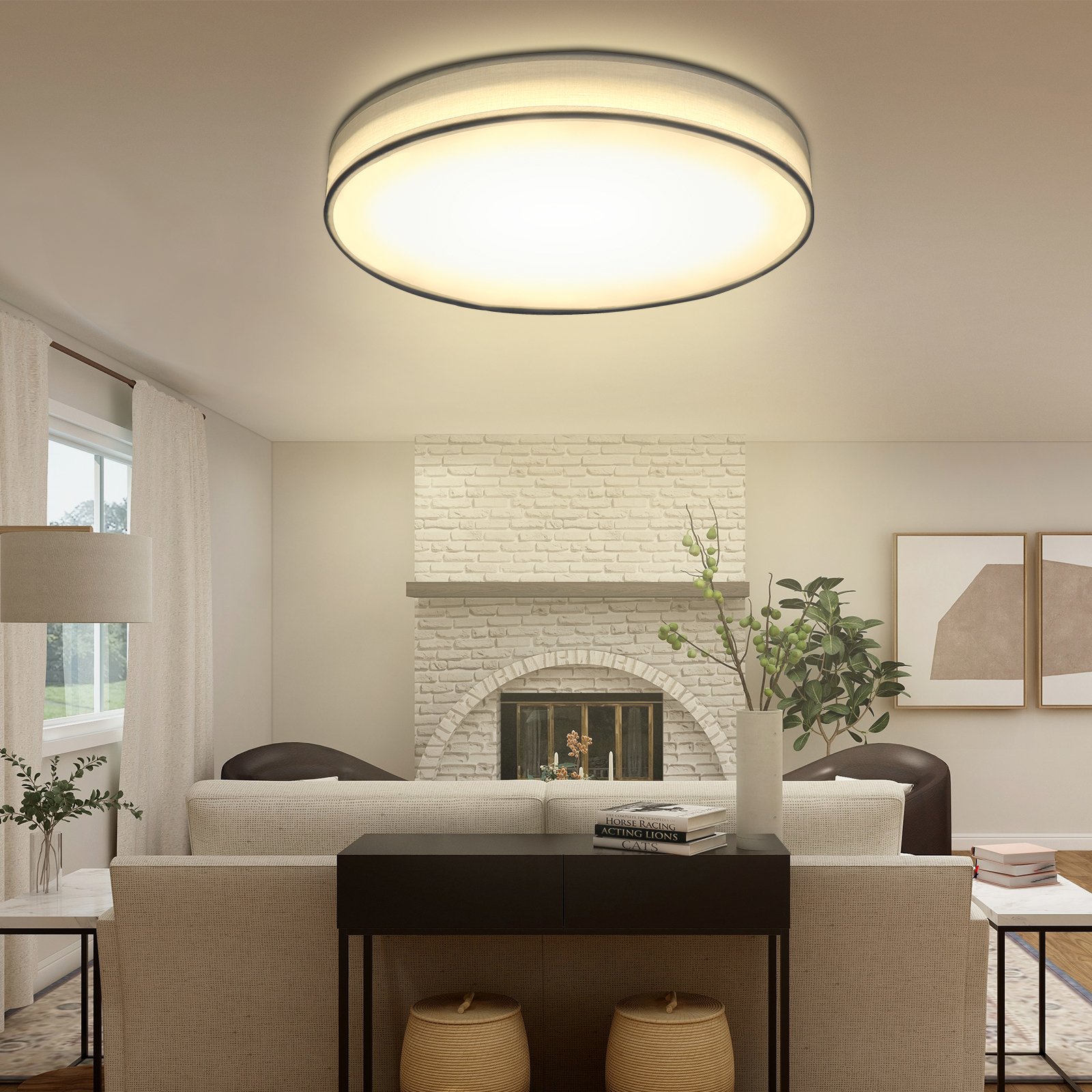 ZMH lampa sufitowa LED lampa sufitowa do salonu ściemnialna z pilotem Biała lampa do sypialni z tkaniny Okrągła lampa z kloszem z tkaniny Sypialnia Nowoczesna