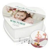 Pamiątka Pierwszej Komunii Świętej - Szkatułka na biżuterię w kształcie serca z pozytywką i Twoim zdję - miniaturka - grafika 1