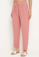 Spodnie damskie - Ciemnoróżowe Spodnie z Gumką i Sznurkiem w Talii z Kieszeniami i Wysokim Stanem Dimattia - miniaturka - grafika 1