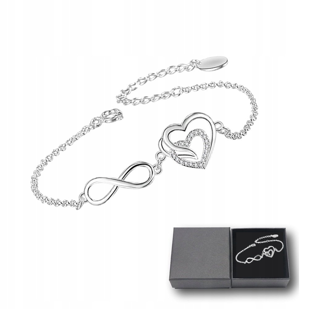 Bransoletka Damska Srebrna Łańcuszki Zawieszka Serduszka Nieskończoność