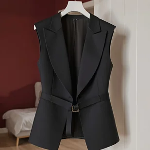 TEMU Kobieca Bezrękawnikowa Marynarka - Elegancka Kurtka z Biura na Imprezę, Strukturalna Sylwetka H, Poliester do Prania w Pralce, Pasek w Talii dla - Marynarki i żakiety damskie - miniaturka - grafika 1
