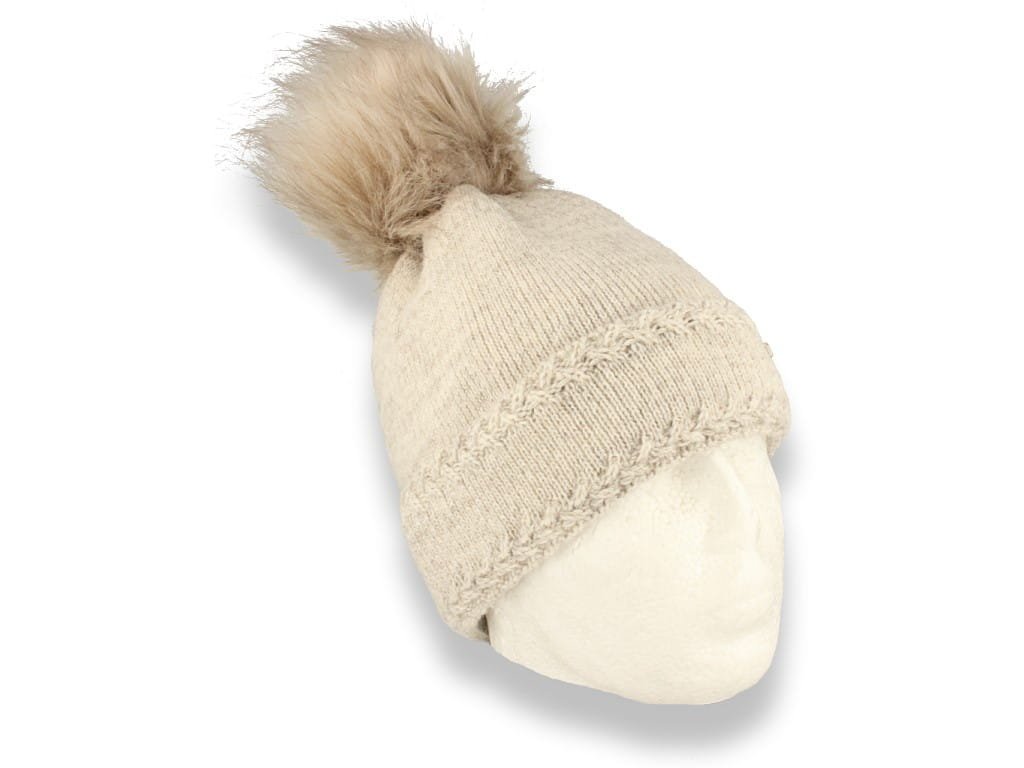 Czapka zimowa z pomponem polska produkcja beżowa ocieplana polarem