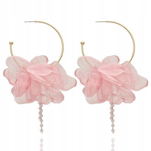 Kolczyki Jedwabne Złote Koła Z Kwiatkiem Jedwabnym I Koralikami Jasny Róż