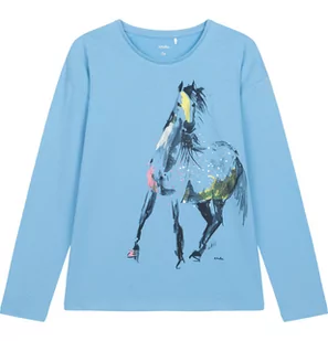 T-shirt z długim rękawem dla dziewczynki, z koniem, błękitny 9-13 lat - Bluzki dla dziewczynek - miniaturka - grafika 1