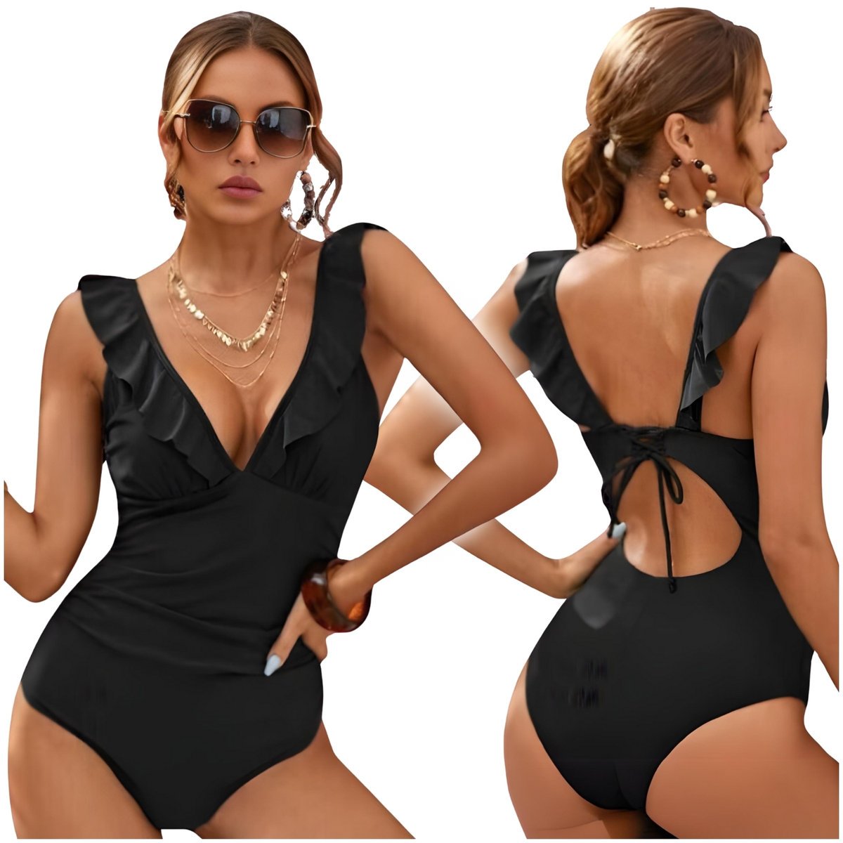 Strój Kąpielowy Jednoczęściowy, Wiązany Push Up Modelujący, Czarny, Rozmiar XL