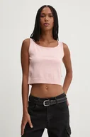 Koszulki sportowe damskie - Guess Jeans top z domieszką jedwabiu kolor różowy W4BR17 Z3HO2 - miniaturka - grafika 1