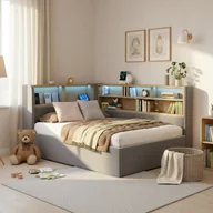 Sofy i kanapy - Tapicerowana sofa z łóżkiem 90x200cm - Z oświetleniem LED i portem USB - Z przegródkami do przechowywania - Tkanina welurowa - Szary - miniaturka - grafika 1