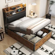Łóżka - Łóżko z pojemnikiem 90 x 200 cm, zagłówkiem i półkami do przechowywania - gniazda USB i typu C - płyta MDF i metal - czarno-brązowe (bez materaca) - miniaturka - grafika 1