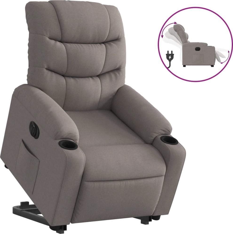 Podnoszony fotel rozkładany, elektryczny, kolor taupe, tkanina