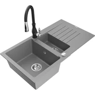 Zlewozmywaki z baterią - Mexen Matias zlewozmywak granitowy 1,5-komorowy z ociekaczem i baterią kuchenną Savita, szary - miniaturka - grafika 1
