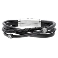 Bransolety męskie - Czarne rzemienie ze srebrnymi koralikami zdobionymi kulkami męska bransoletka - Manoki - miniaturka - grafika 1