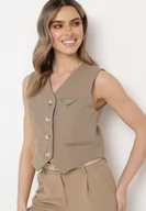 Kamizelki damskie - Ciemnobeżowa Kamizelka Garniturowa z Imitacją Kieszonek Mawelin - miniaturka - grafika 1