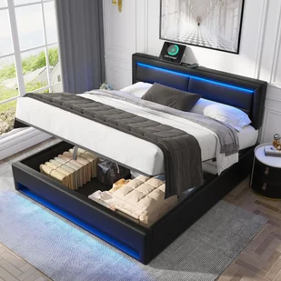 Łóżko tapicerowane Flieks 140x200cm z USB, łóżko na sprężynach hydraulicznych z LED, łóżko młodzieżowe ze stelażem listwowym, łóżko podwójne drewniane, PU, czarne - Łóżka - miniaturka - grafika 1