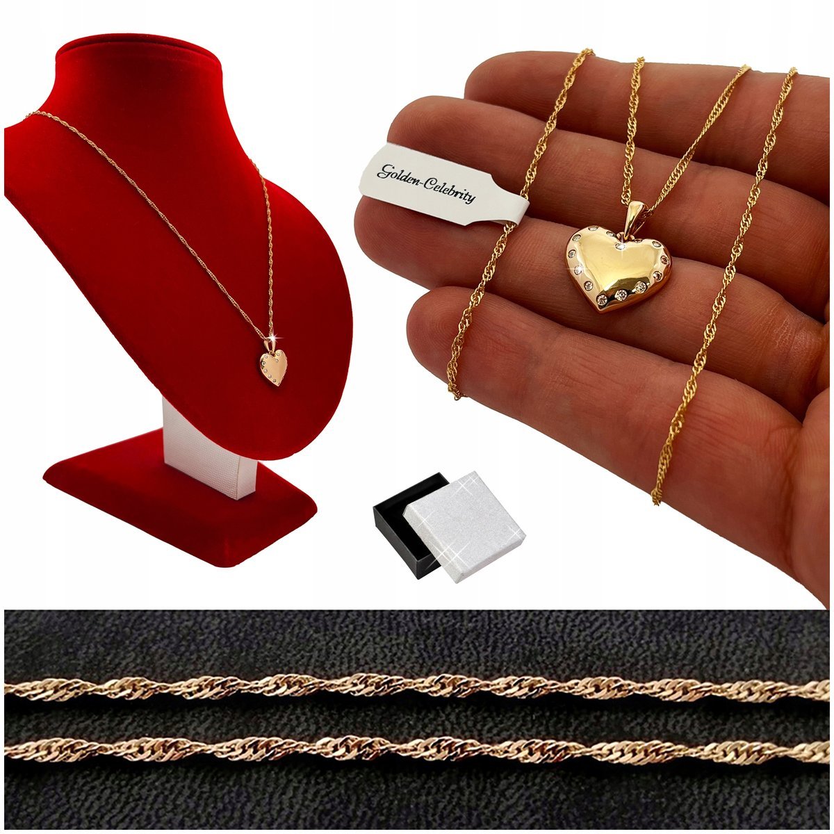 Złoty Naszyjnik Ze Stali Chirurgicznej Serce Z Cyrkoniami 55 Cm + Dedykacja