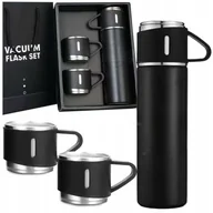 Kubki termiczne - KingSzop TERMOS Z FILIŻANKAMI 500ML Czarny KUBEK TERMICZNY STAL NIERDZEWNA ZESTAW + mini gra zestaw - miniaturka - grafika 1