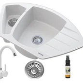 Zlewozmywaki - Zlewozmywak Granitowy Granitan Compact Narożny z Syfonem i Baterią Beta Biały 1kpl. - miniaturka - grafika 1