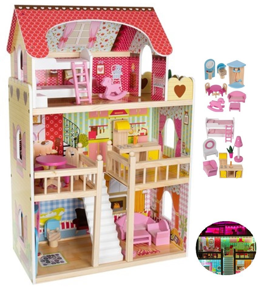 Gigantyczny Domek dla Lalek z Meblami Oświetleniem Led Drewniany 3 Poziomy