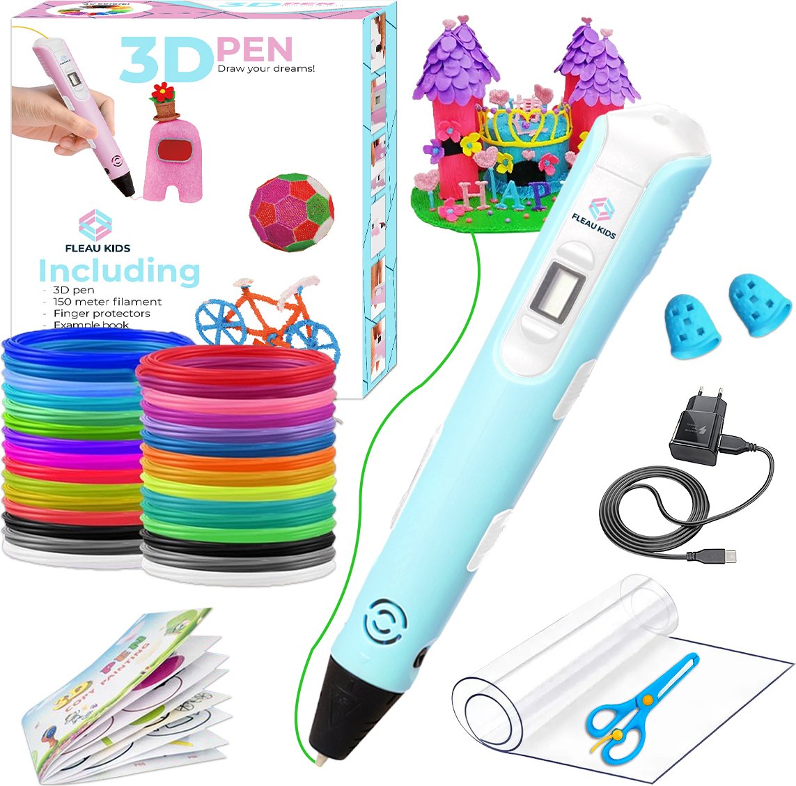 Fleau Kids 3D Pióro Startowy Niebieski XL - 75m Filamentu - 15 Kolorów - USB-C 2024 + Akcesoria - DIY i Rysowanie - Zestaw Pen - Długopis dla dzieci