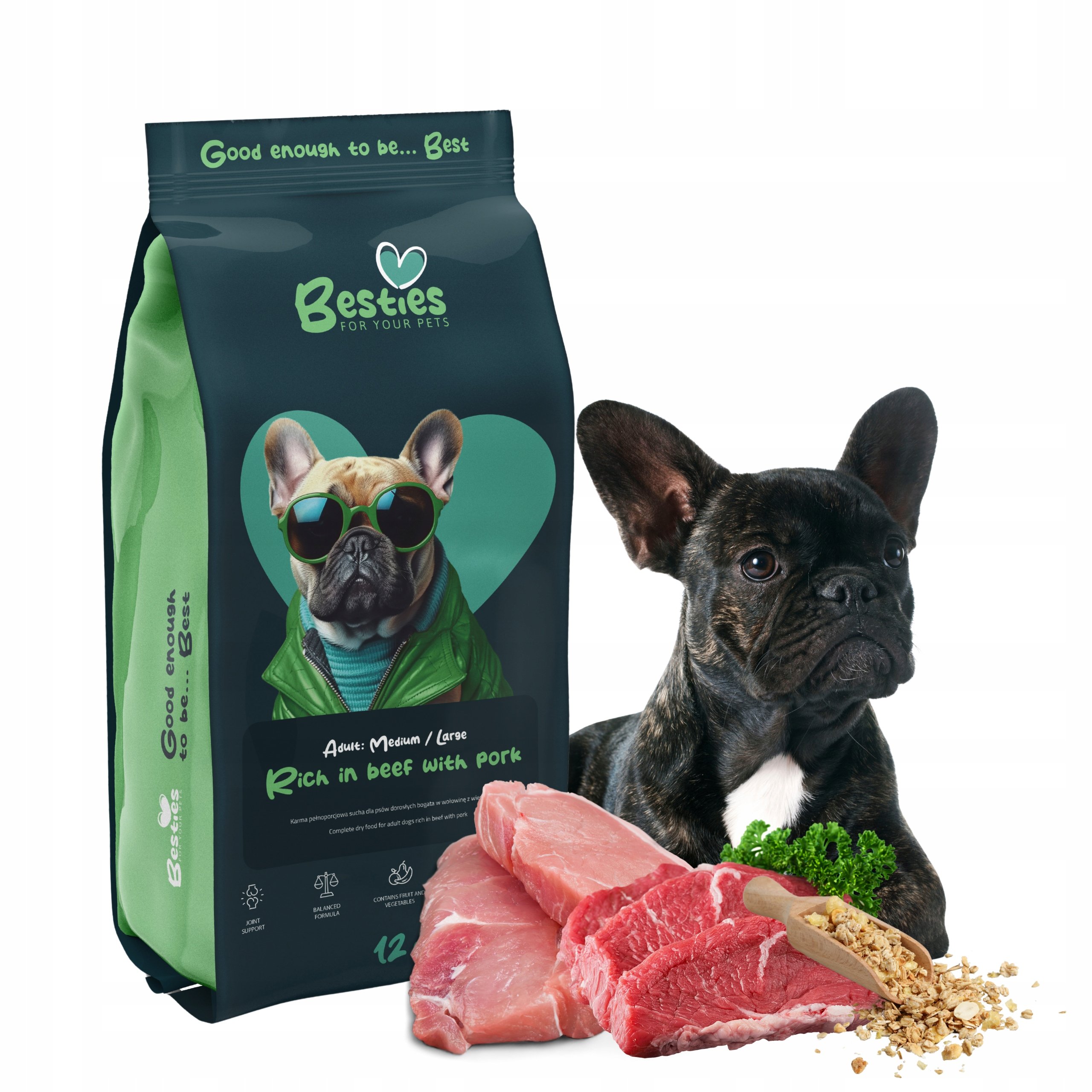 BESTIES PREMIUM ADULT DOG MEDIUM LARGE BEEF PORK WOŁOWINA WIEPRZOWINA 12KG