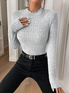 Bluzki damskie - Prążkowany golf damski z długim rękawem - Szary - miniaturka - grafika 1