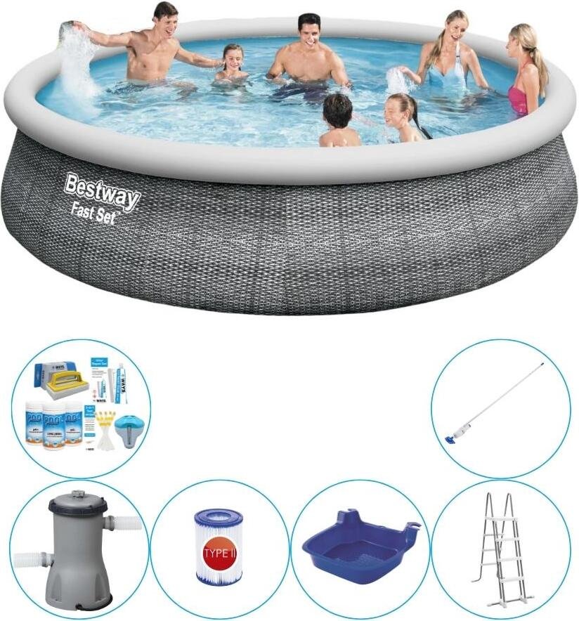 Basen wraz z akcesoriami - Bestway Fast Set Rattan 457x107 cm - Okrągły
