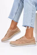 Półbuty damskie - Beżowe półbuty espadryle ażurowe sznurowane POLSKA SKÓRA Casu 0643-B-36 - miniaturka - grafika 1