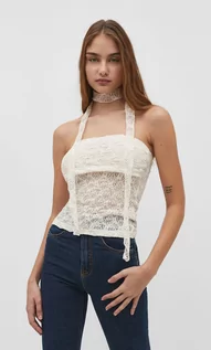 Koszulki i topy damskie - Stradivarius Top bandeau z chokerem  Waniliowy XL - grafika 1