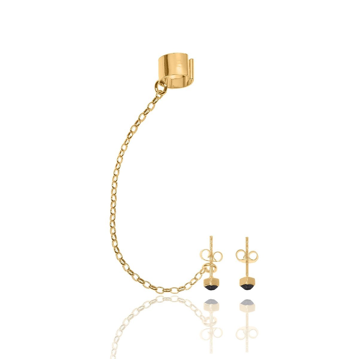 Nausznica srebrna pozłacana z łańcuszkiem i kolczykami z czarnymi kryształkami
