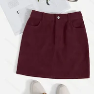 Spódnice - TEMU Damska Burgundowa Spódnica A-Line z Wysokim Stanem i Kieszeniami - Jednokolorowa, Krótka do Średniej Długości (Bez Rozciągliwości) do Biura, - miniaturka - grafika 1