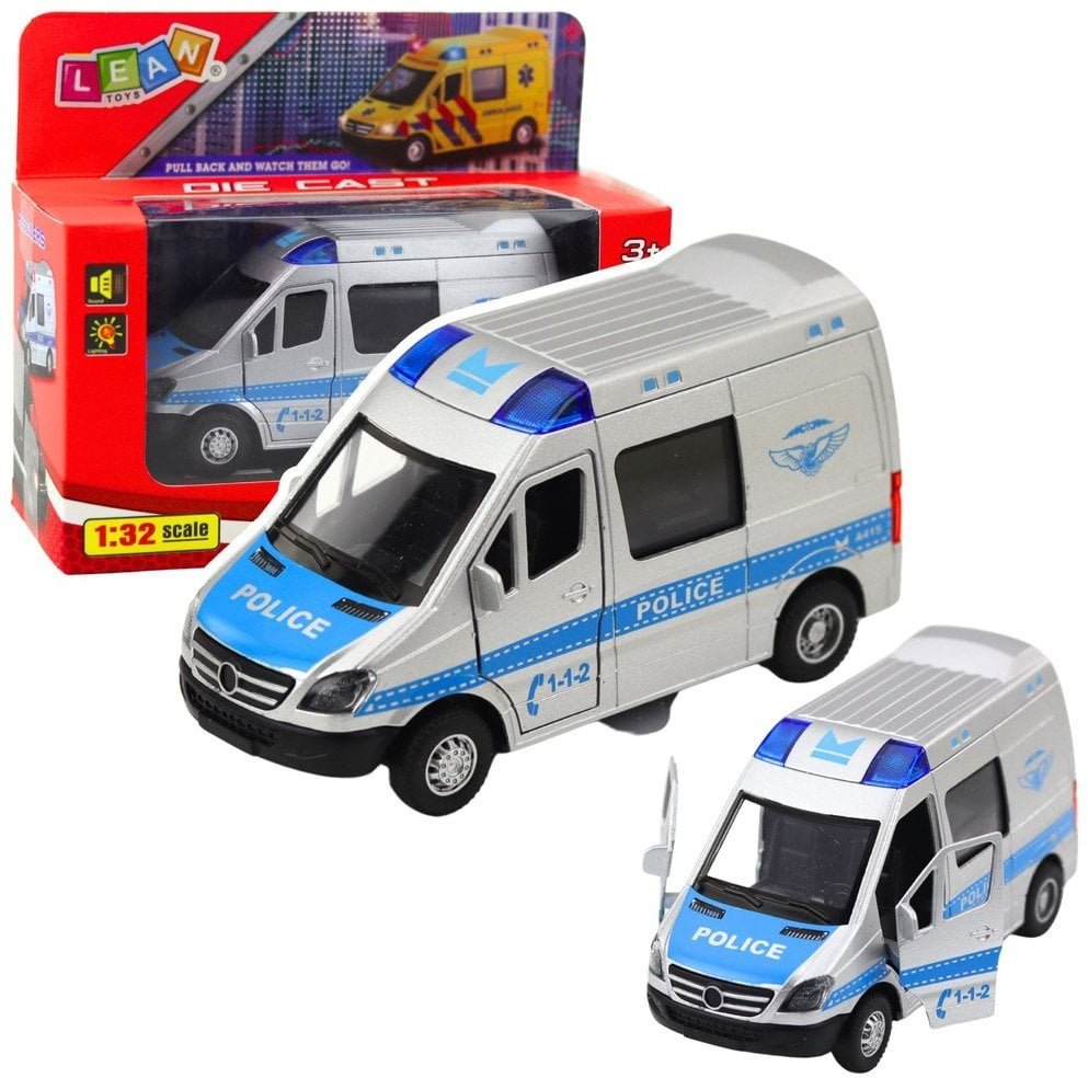 Samochód Policyjny Metalowy Z Napędem Pull Back Światła Dźwięki 1:32
