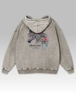 Bluzy damskie - Bluza oversize z kapturem Horse Girl Kolorowy Koń Sprana Popielaty M - miniaturka - grafika 1