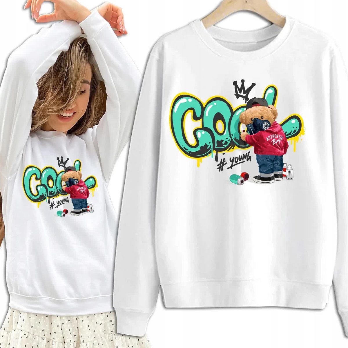 Bluza Damska Biała Dresowa COOL Kobiece Dziewczęce Piękne Wzory Rozmiar S