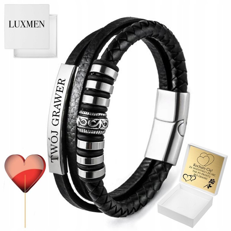 Bransoletka Męska Skórzana Z Grawerem Posrebrzana Grawer Na Prezent