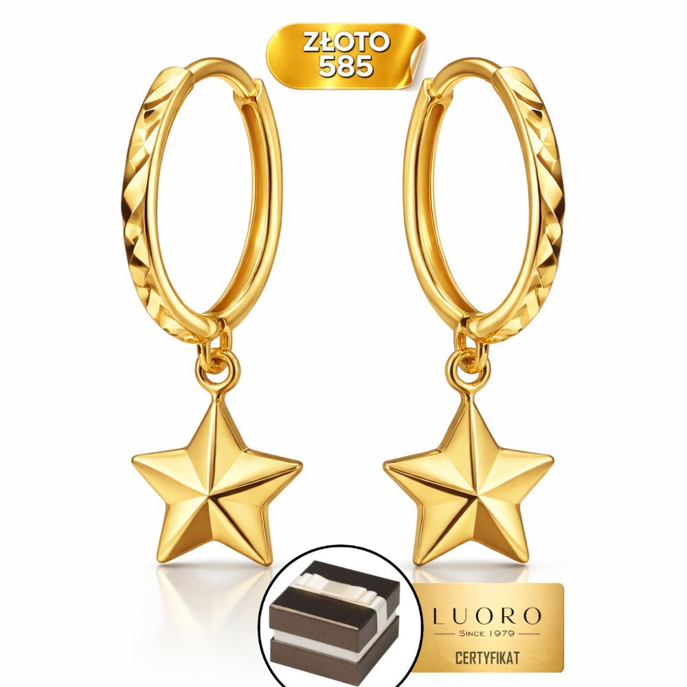 KOLCZYKI ZŁOTE 585 14K KÓŁECZKA GWIAZDKA 20 MM KREOL ELEGANCKIE