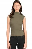 Bluzki damskie - GUESS KLASYCZNA BLUZKA BEZ RĘKAWÓW Z GOLFEM KHAKI XS GXB - miniaturka - grafika 1