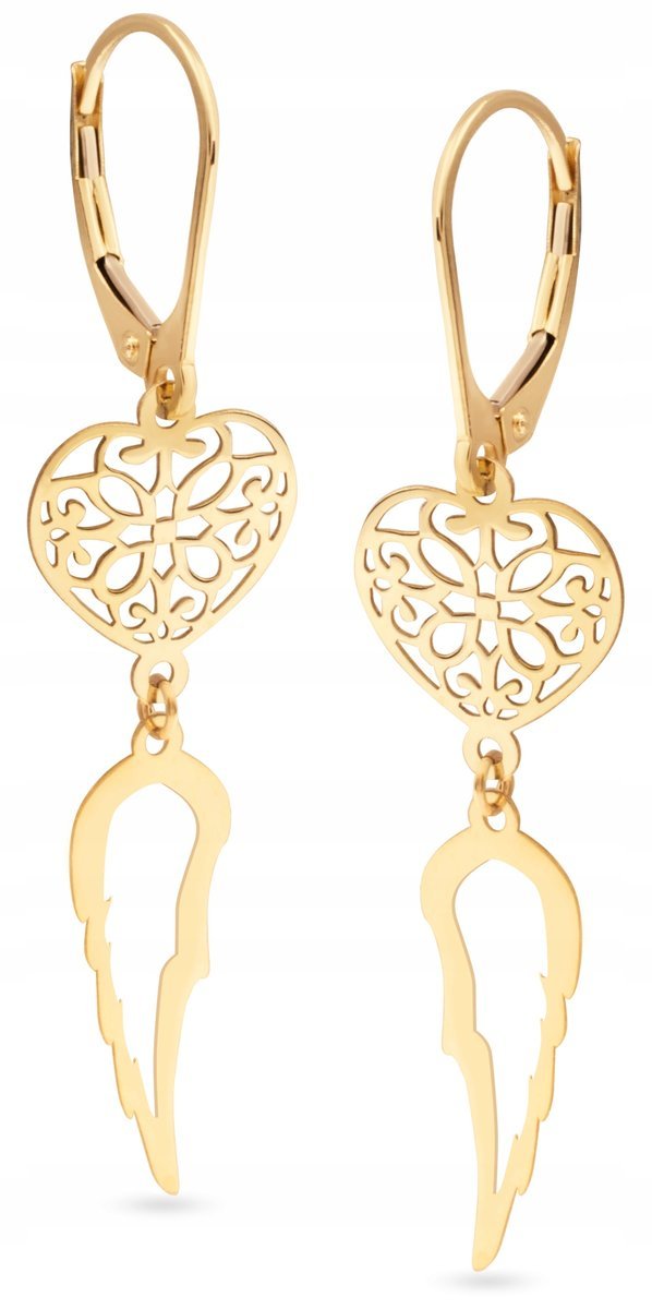 PIĘKNE ZŁOTE KOLCZYKI WISZĄCE SERCE SKRZYDŁO 333