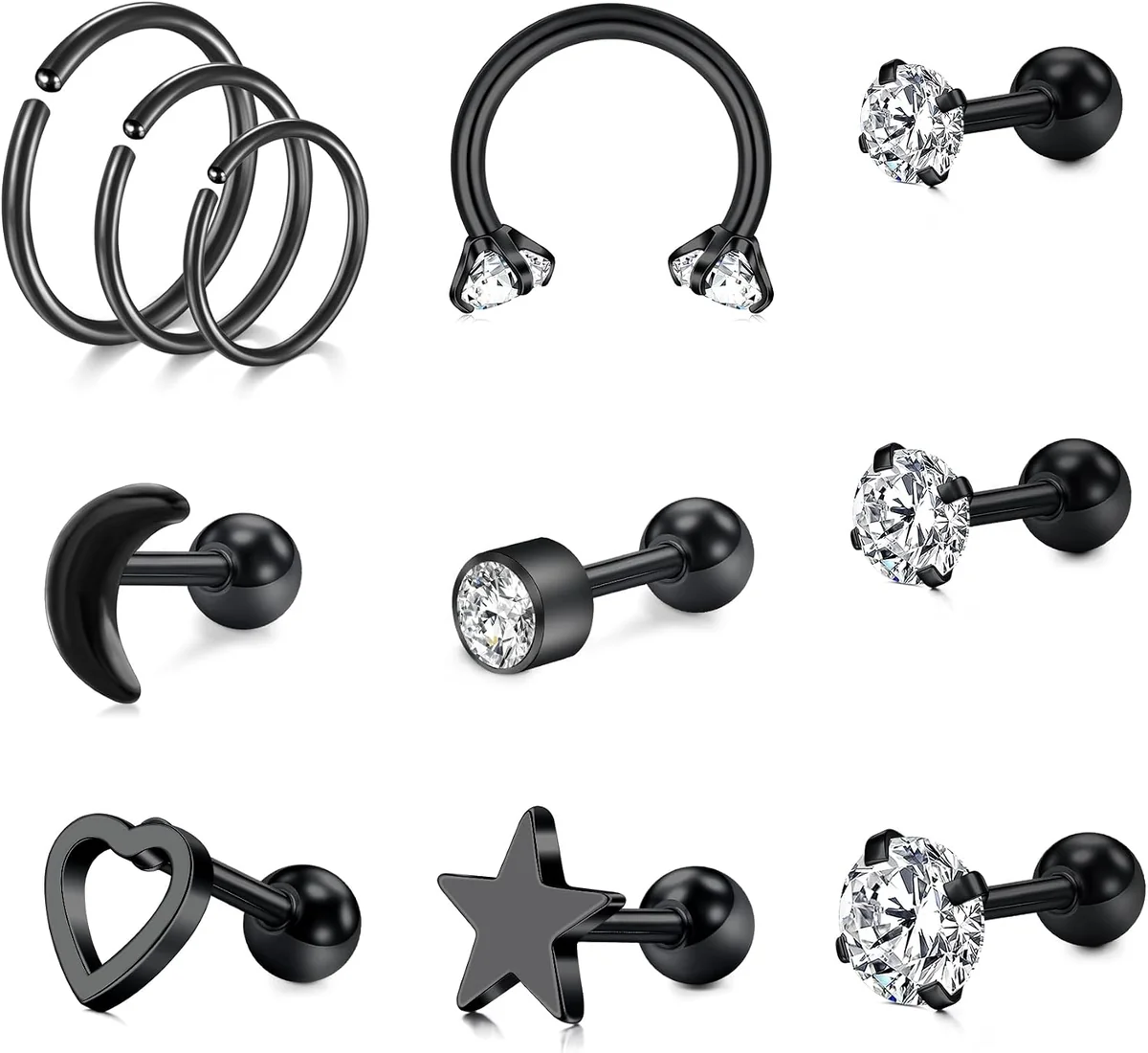 KOLCZYK 6 MM ZESTAW 11 SZTUK STAL NIERDZEWNA STYLOWY TRAGUS LABRET