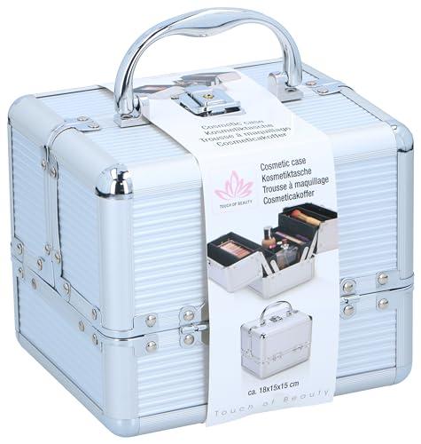 Touch Of Beauty Walizka do makijażu srebrna – organizer na kosmetyki – z uchwytem i zamkiem na klucze – 18 x 15 x 15 cm – wewnątrz wyłożona polarem – łatwa do przenoszenia – aluminium, Rozmiar