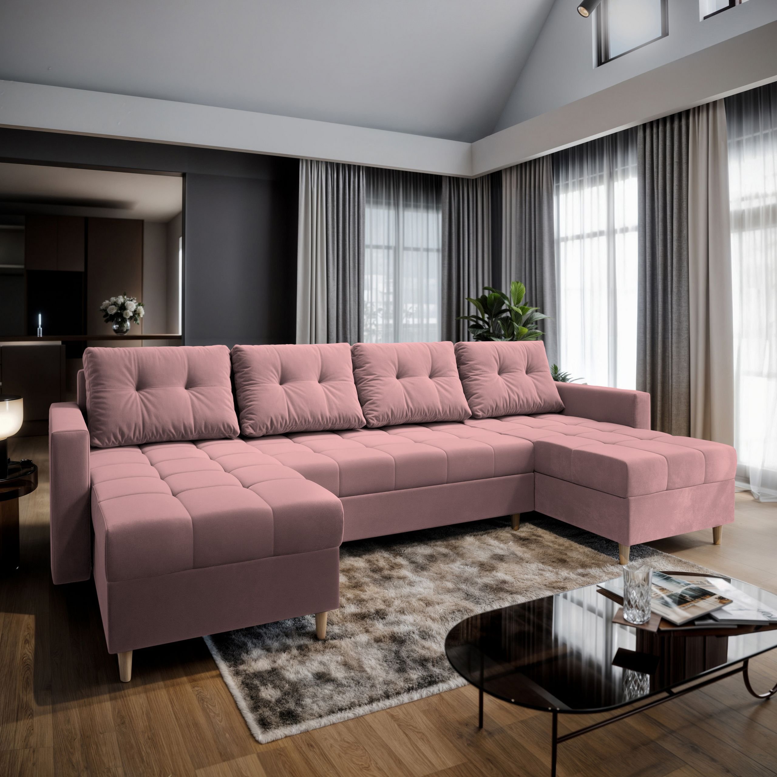 Masseno Narożnik MILO U z funkcją spania i pojemnikiem na pościel Kształt U, Rozkładana sofa, Rogówka - Pudrowy róż, KRONOS 27