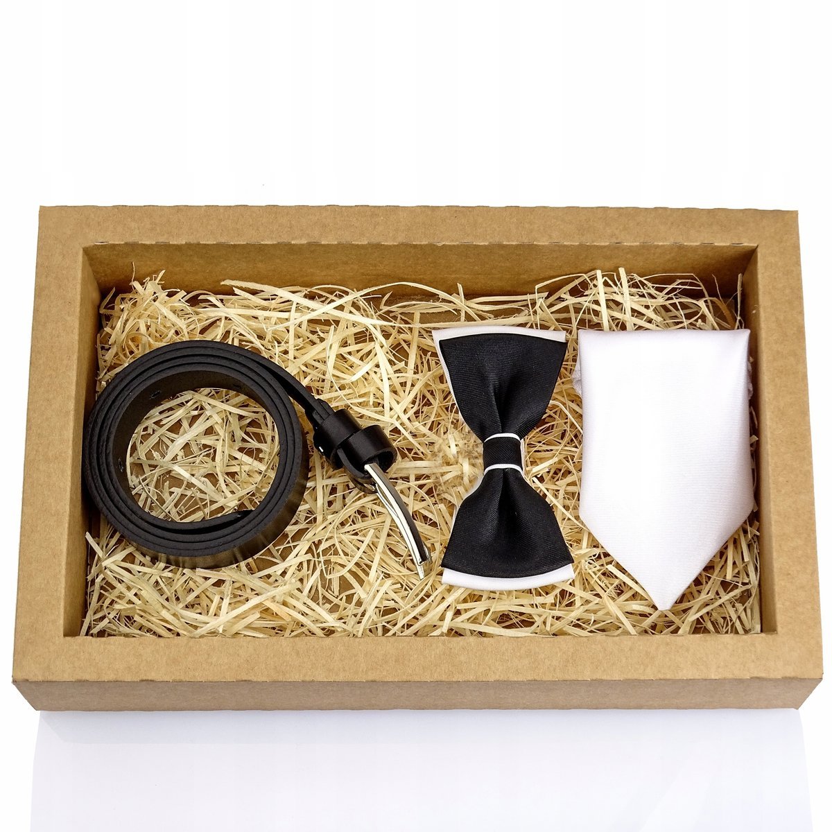 GRACIO Pasek skorzany Muszka Chlopieca na Komunie czarno-biała + Poszetka