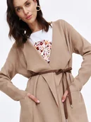 Swetry damskie - Długi beżowy kardigan z wiązaniem - miniaturka - grafika 1