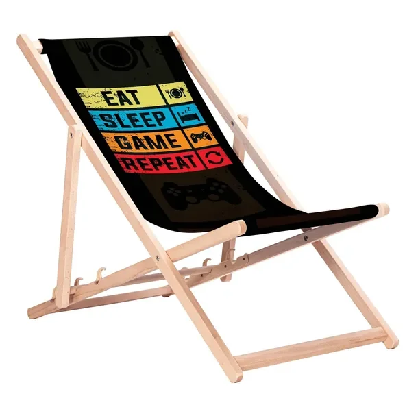 Leżak Drewniany Plażowy Nadruk Eat-Sleep-Game-Repeat Bukowe LeżakI KN126