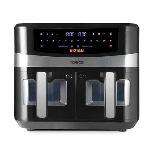 Tower T17100 Vortx Vizion 9-litrowa frytkownica powietrzna z podwójnym koszem, cyfrowym panelem sterowania i 10 ustawieniami jednym dotknięciem, czarna