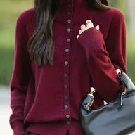 Swetry damskie - TEMU Bluzka z Wysokim Kołnierzem i Igłami - Rozciągliwa, Całoroczna z Zapięciem na Guziki, Elegancko-Casualowa, Jednokolorowa, Wysokoelastyczna - miniaturka - grafika 1