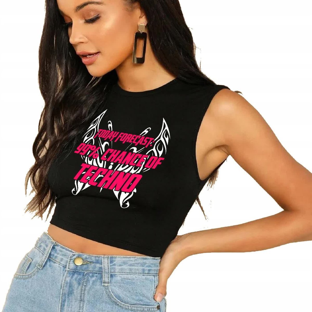 KRÓTKA KOSZULKA Tank Top Czarny Na Lato 99% CHANCE OF TECHNO Wzory - M
